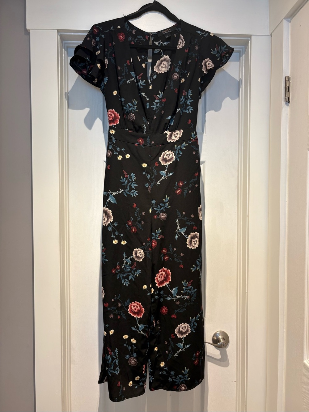 Forever 21 Black Floral Wrap-Front Midi Dress with Red and Cream Blooms